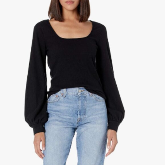 The Drop Lucyswhims Women's Ribbed Square Neck Balloon Long Sleeve Lucy Top NWT - Picture 1 of 13